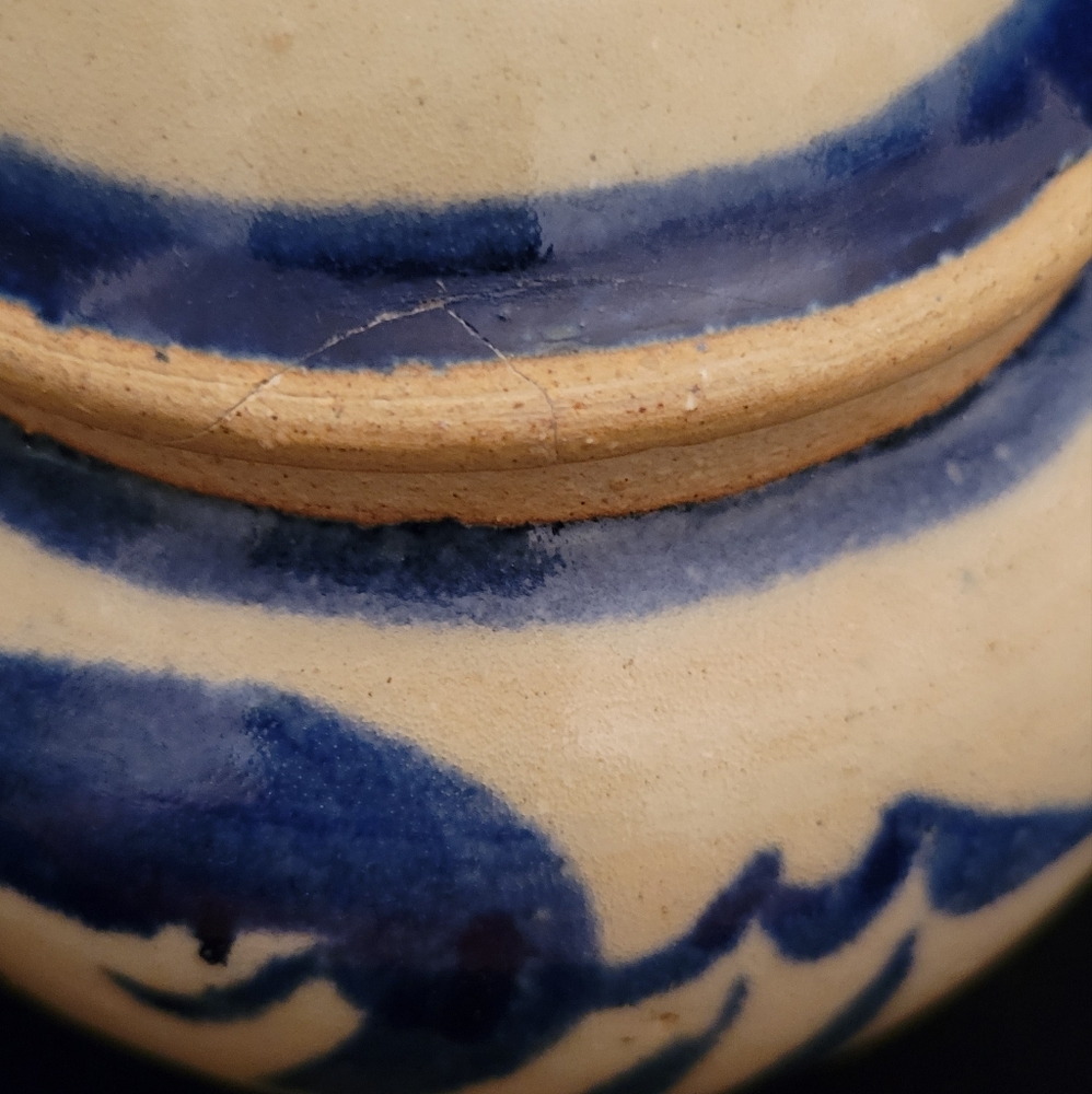 Pottery Ginger Jar with lid. Salt-glaze gray and blue Asian design. - Picture 3 of 7